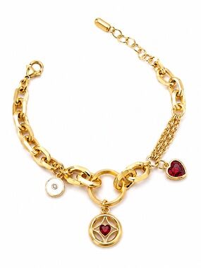 14K Gold Plated Rhodium Chain Charm Bracelet Red Heart Dainty Layered Jewelry